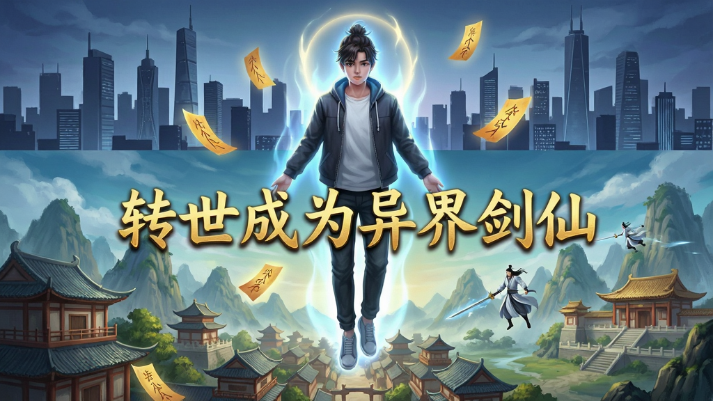 一位身穿现代服饰的青年灵魂形态漂浮在古风仙侠世界的上空,下方是古色古香的城镇与修炼宗门,画面中央用金色字体写着“转世成为异界剑仙”,构图采用上下分层,上方为现代都市剪影,下方为仙侠山川,风格为玄幻插画,细节包括灵魂光晕、飘落的符、远处御剑飞行的修士,画质细腻,色彩对比鲜明,干净无多余元素