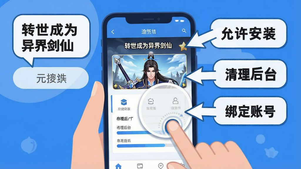 一位新手玩家坐在手机前,屏幕上显示“转世成为异界剑仙”的游戏界面,旁边有箭头标注“允许安装”“清理后台”“绑定账号”等提示,布局为手机特写与文字气泡结合,风格为扁平化教程插画,细节包括手指点击动作、设置菜单图标、存储空间进度条,画质清晰,色彩以蓝白为主,干净无多余元素