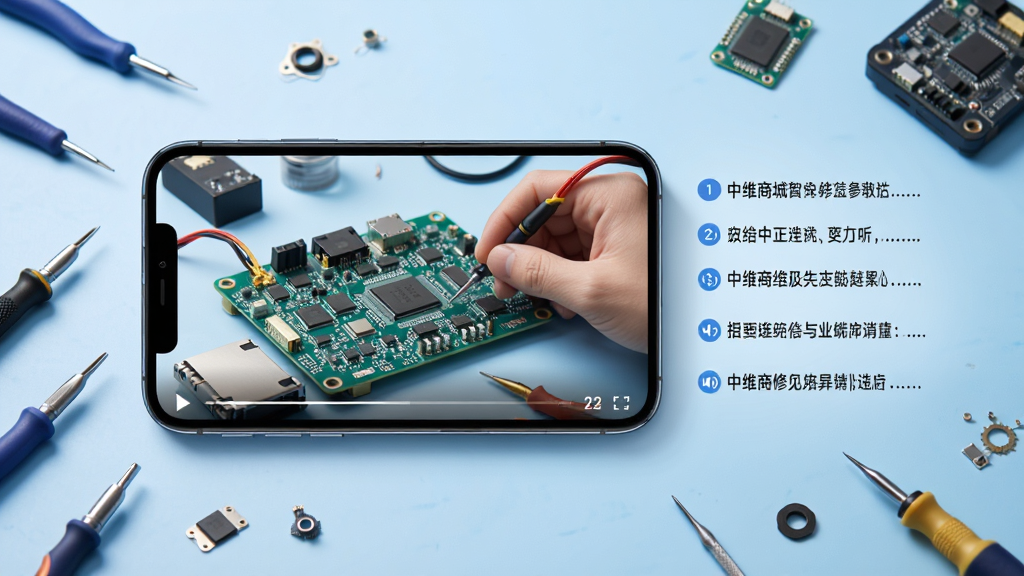 ��ά�̳�App�ڲ�ά�޽̳�ҳ�棬������һ���ֻ�������ʾ��Ƶ���Ž��棬��Ƶ����Ϊ��·��ά����ʾ���Ա������ֲ���˵�����ֻ���Χ�й��ߺ������׺������Ϊǳ��ɫ���䣬�����������򣬷��Ƽ�������ϸ�ڷḻ�����ʸ��壬�ɾ����޶���Ԫ��