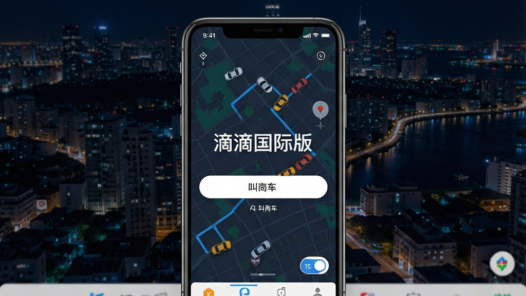 一张手机屏幕展示滴滴国际版APP首页界面,背景是城市夜景地图,屏幕中央显示