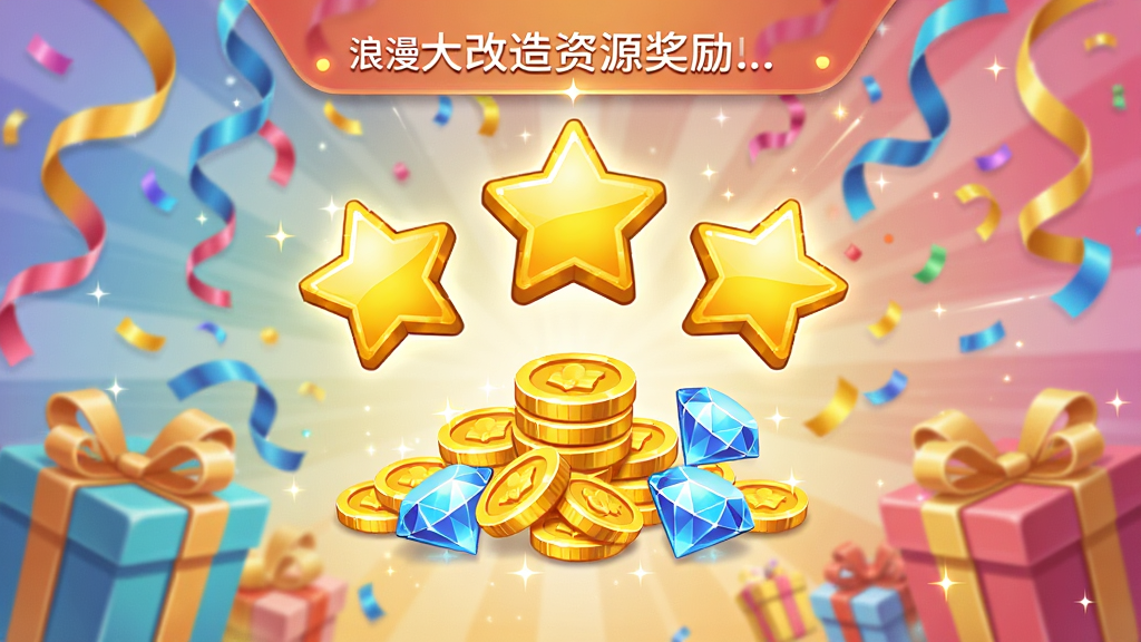 浪漫大改造资源奖励结算界面,画面中显示三颗金色星星、一堆金币和几颗蓝色钻石悬浮在屏幕中央,背景是庆祝彩带和礼盒特效,风格欢快明亮,画质高清,干净,无多余元素