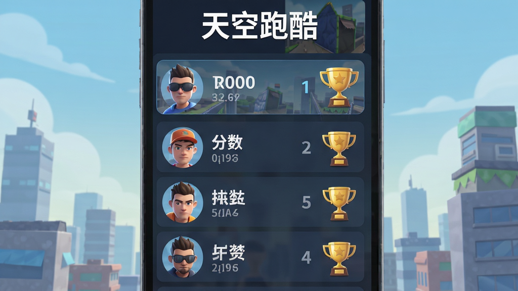 跑酷游戏排行榜界面,主体是排行榜列表,布局为竖屏列表,风格为简洁现代,细节包括玩家头像、分数、排名数字、奖杯图标,画质高清干净,画面中带有“天空跑酷”文字
