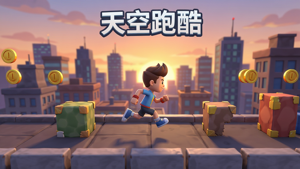 3D跑酷游戏场景,主体是角色在摩天大楼屋顶奔跑,背景是黄昏城市天际线,布局为横向卷轴视角,风格为卡通渲染,细节包括屋顶障碍物、金币、远处高楼,画质高清干净,画面中带有“天空跑酷”文字