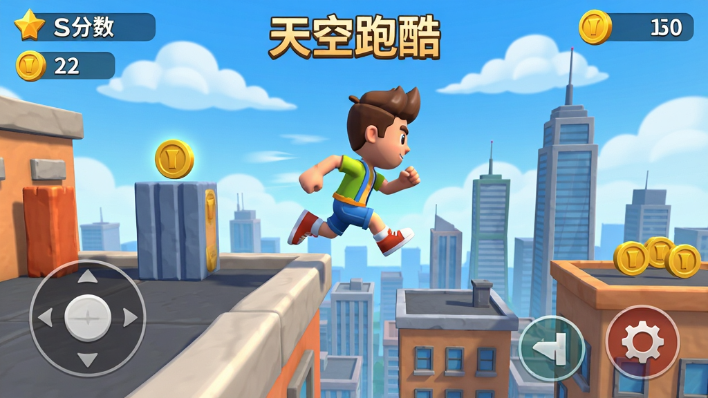 一款3D手机跑酷游戏画面,主体是一个卡通角色在高楼屋顶边缘奔跑跳跃,背景是蓝天白云和城市天际线,布局为竖屏手机游戏界面,顶部显示分数和金币数量,底部有虚拟按键,风格为明亮卡通3D渲染,细节包括角色动作动感、屋顶有障碍物和金币、远处有摩天大楼,画质高清,干净,无多余元素,画面中带有“天空跑酷”文字标题