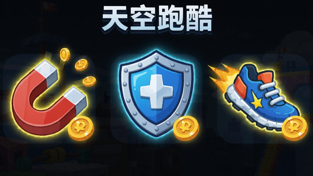 跑酷游戏道具图标展示,主体是磁铁、护盾、加速鞋三个道具图标,布局为横向排列,风格为卡通扁平化,细节包括图标发光效果、金币点缀,画质高清干净,画面中带有“天空跑酷”文字