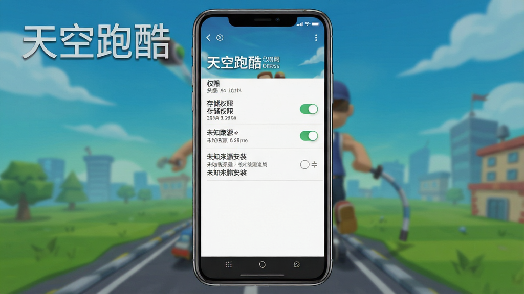 手机游戏安装设置界面,主体是权限管理页面,布局为竖屏列表,风格为简洁系统UI,细节包括存储权限开关、未知来源安装选项,画质高清干净,画面中带有“天空跑酷”文字