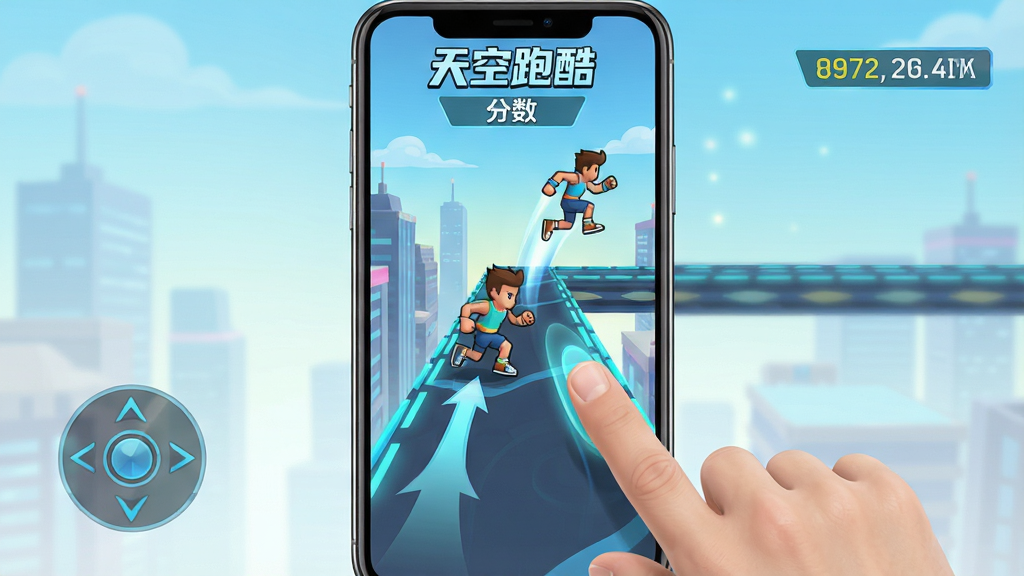 手机跑酷游戏操作界面,主体是手指在屏幕上滑动控制角色,布局为竖屏,风格为简洁科技感,细节包括滑动轨迹、角色跳跃动作、分数显示,画质高清干净,画面中带有“天空跑酷”文字