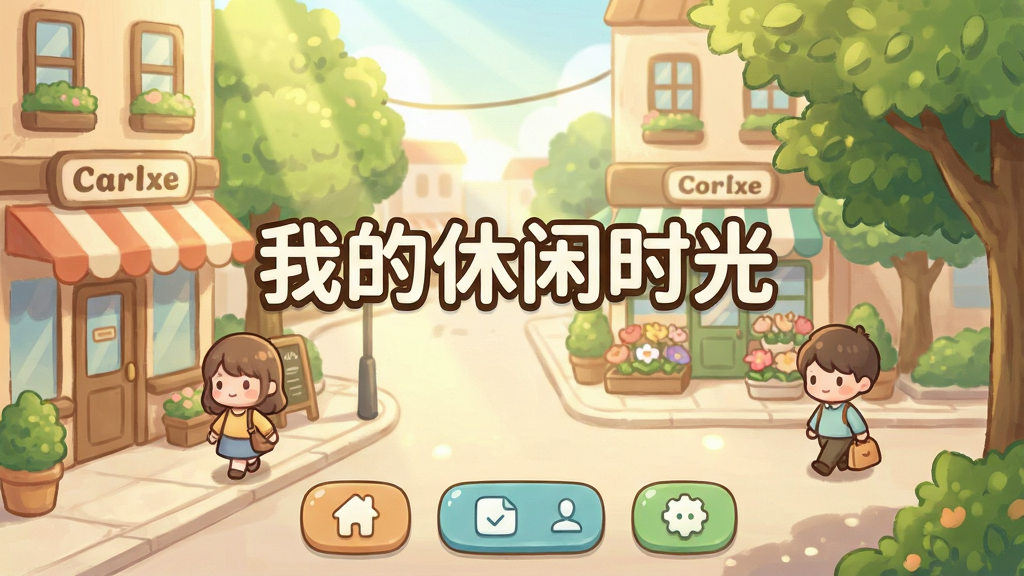 一款温馨治愈风格的手机游戏主界面截图,画面中央是「我的休闲时光」游戏标题,背景为柔和暖色调的卡通小镇街道,有咖啡馆、花店和绿树,阳光透过树叶洒落,几个可爱的卡通角色在街道上悠闲散步,界面下方有功能按钮,整体布局清晰,排版简洁,风格为日系治愈插画,细节丰富,画质高清,干净,无多余元素
