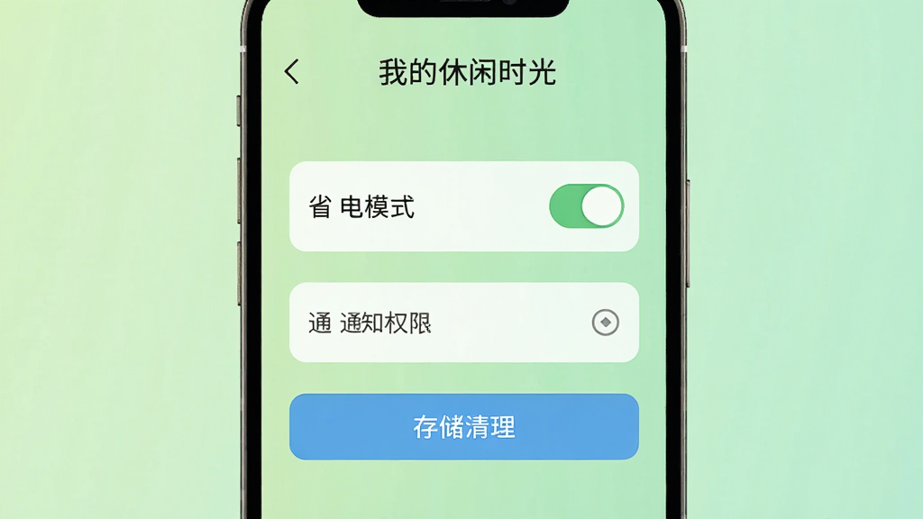 手机屏幕显示「我的休闲时光」游戏设置界面,画面中有省电模式开关、通知权限选项和存储清理按钮,背景为柔和的浅绿色渐变,界面布局清晰,风格为扁平化UI设计,细节简洁,画质高清,干净,无多余元素