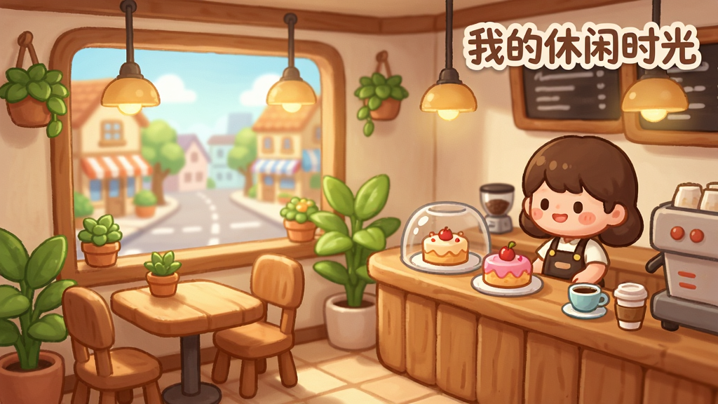 温馨的卡通风格咖啡店内部场景,画面中有木质桌椅、绿植盆栽和暖色灯光,柜台上摆放着精致的蛋糕和咖啡杯,一位可爱的店员角色正在微笑服务,窗外是阳光明媚的小镇街景,游戏名称「我的休闲时光」以柔和字体出现在画面右上角,整体布局为横版构图,风格为治愈系手绘插画,细节精致,画质高清,干净,无多余元素