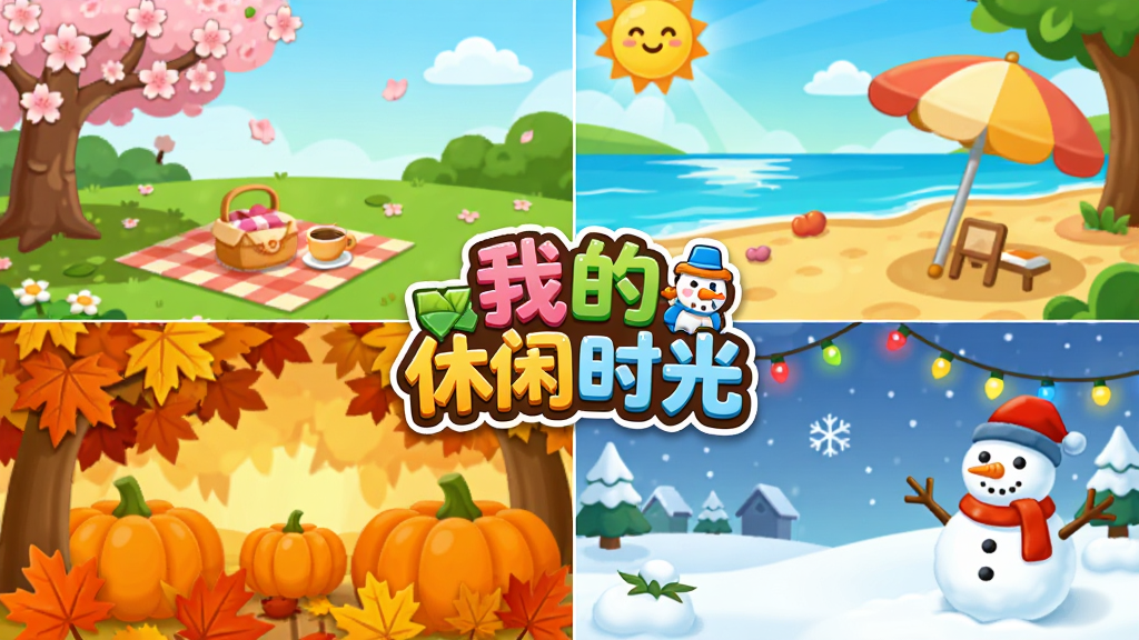 卡通风格的小镇四季变化场景,画面分为四个区域分别展示春、夏、秋、冬的景色,春天有樱花树和野餐垫,夏天有沙滩和遮阳伞,秋天有枫叶和南瓜堆,冬天有雪人和彩灯,画面中央有「我的休闲时光」游戏Logo,整体布局为四宫格拼接,风格为明快治愈的插画风,细节丰富,画质高清,干净,无多余元素