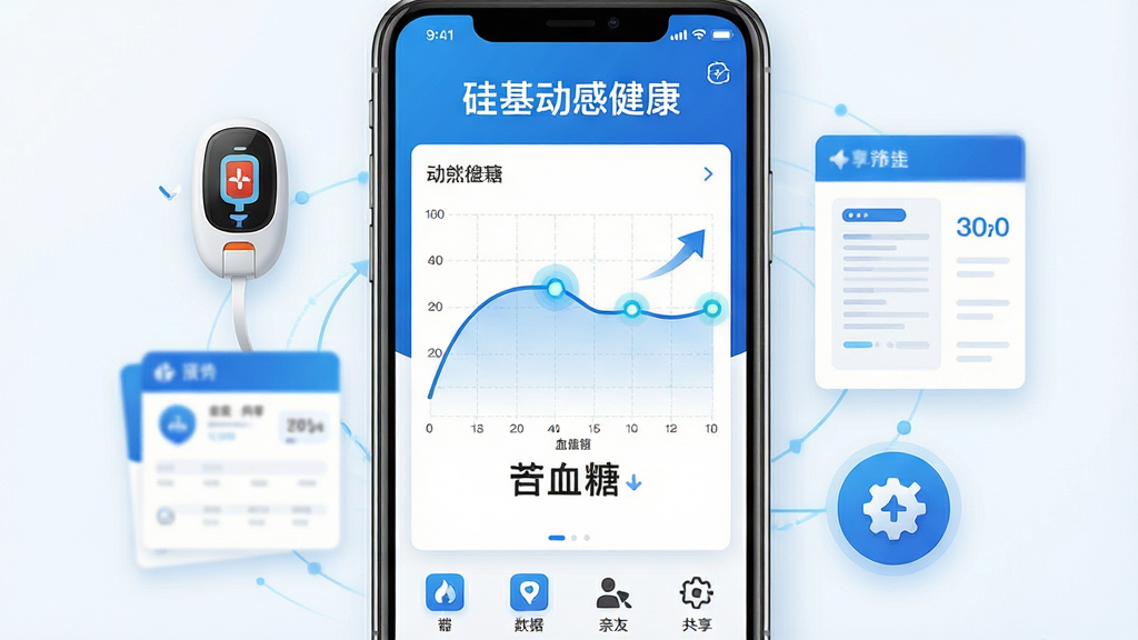 硅基动感健康软件主界面全貌展示,主体为一部智能手机屏幕,屏幕中央显示动态血糖曲线图和当前血糖数值,曲线呈平稳波动状,数值标注清晰。布局采用居中构图,手机两侧环绕血糖传感器、数据报告卡片、亲友共享图标等元素。排版简洁,上方为软件名称“硅基动感健康”文字,下方为功能图标横排。风格为现代医疗科技风,蓝白配色为主,细节包含网格背景、数据点高亮、趋势箭头。画质高清,干净,无多余元素。