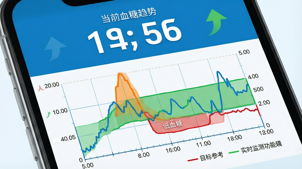 硅基动感健康实时监测功能展示图,主体为手机屏幕特写,屏幕显示动态血糖曲线,曲线有高低起伏,高血糖区域用橙色标注,低血糖区域用红色标注,目标范围内用绿色标注。布局为上下结构,上方为当前血糖数值和趋势箭头,下方为时间轴曲线图。排版清晰,数值大号字体突出。风格为医疗数据可视化,蓝白底色,细节包含时间刻度、参考线、图例说明。画质高清,干净,无多余元素。