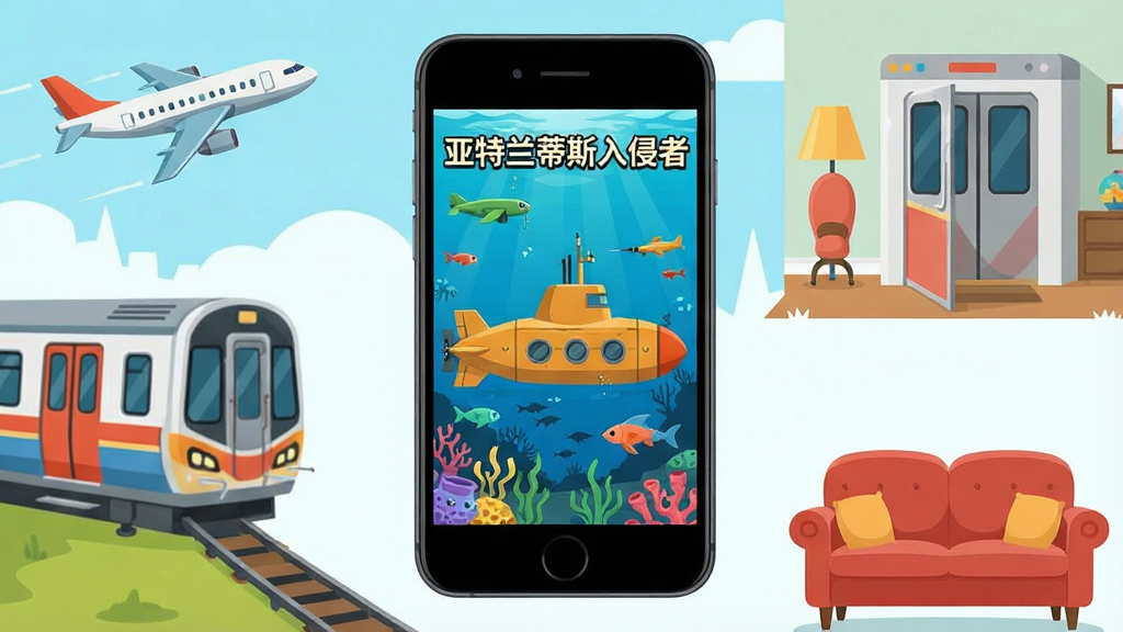 一部智能手机屏幕显示潜艇射击游戏画面,手机周围有飞机、地铁、沙发等场景元素环绕,表示随时随地可玩,布局为手机居中、场景元素环绕四周,排版简洁,扁平插画风格,明亮色调,细节清晰,画质干净,无多余元素,手机屏幕上写有“亚特兰蒂斯入侵者”文字