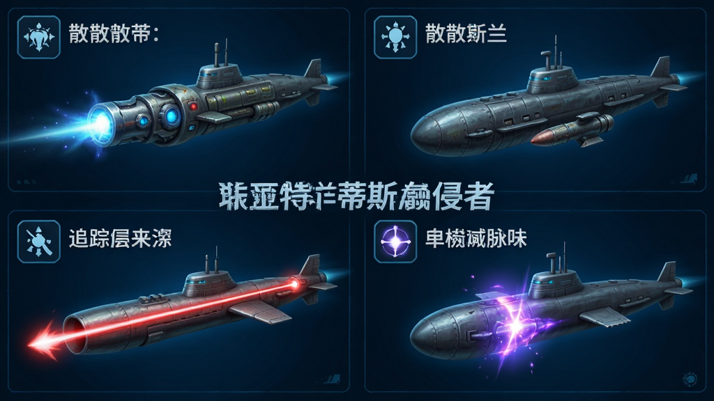 展示四种不同武器形态的潜艇,分别是散射炮、追踪导弹、激光束和电磁脉冲,每种武器配有图标和光效,布局为两行两列网格,排版整齐,科幻游戏UI风格,深蓝色背景,细节清晰,画质干净,无多余元素,图片中写有“亚特兰蒂斯入侵者”文字
