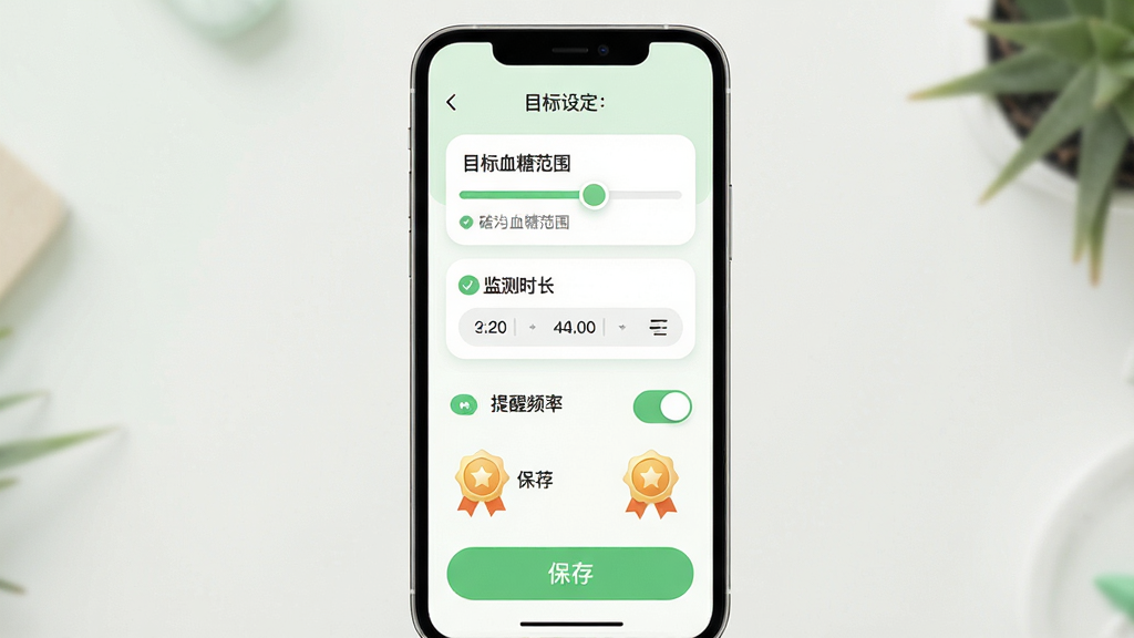 硅基动感健康个性化目标设置界面展示图,主体为手机屏幕,屏幕显示目标设定页面,包含目标血糖范围滑块、监测时长选择、提醒频率开关等控件。布局为垂直列表,每个设置项配有图标和说明文字。排版简洁,控件圆润。风格为清新健康风,浅绿色和白色为主,细节包含进度条、成就徽章预览、保存按钮。画质高清,干净,无多余元素。