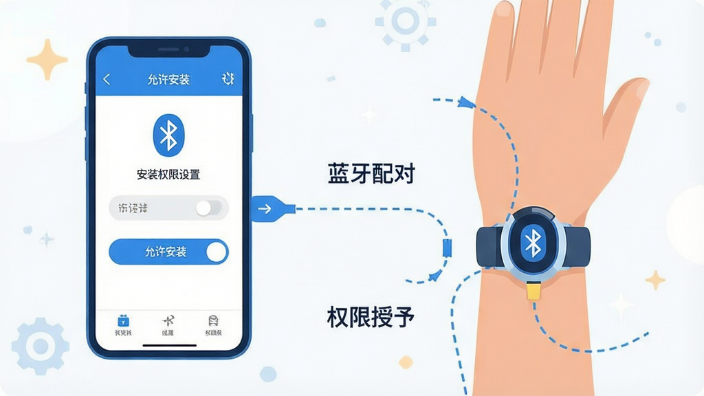 硅基动感健康新手操作示意图,主体为一部手机和一只佩戴传感器的手臂,手机屏幕显示安装权限设置界面,手臂上传感器通过蓝牙与手机连接,连接线用虚线表示。布局为左右结构,左侧手机,右侧手臂。排版清晰,标注文字“允许安装”“蓝牙配对”“权限授予”。风格为扁平化插画,蓝色和肤色为主,细节包含设置图标、蓝牙符号、权限开关。画质高清,干净,无多余元素。