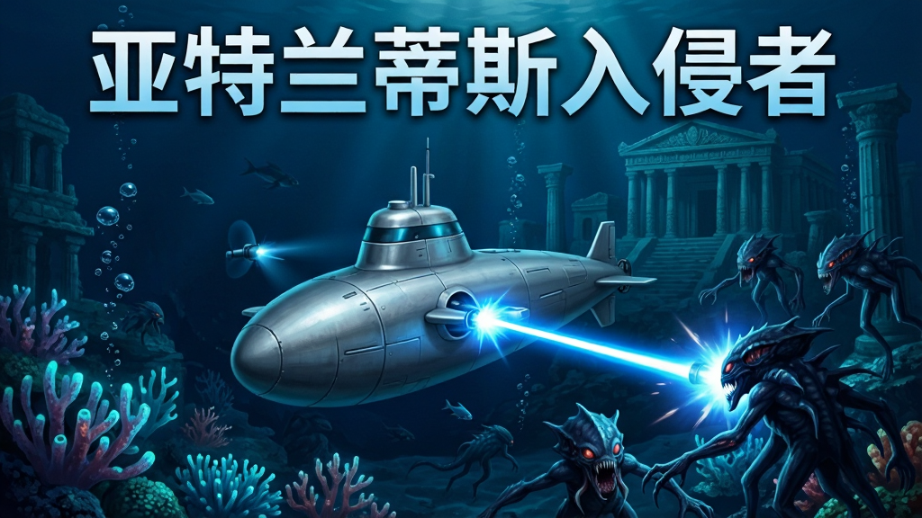 画面中央是一艘银色高科技潜艇,正发射蓝色激光炮击退前方涌来的深海异形怪物,背景是沉没的亚特兰蒂斯古城遗迹,周围有发光珊瑚和气泡,暗蓝色深海环境,主体突出,布局居中,排版简洁,科幻游戏宣传风格,细节丰富,画质清晰,干净无多余元素,图片上方写有“亚特兰蒂斯入侵者”游戏标题文字
