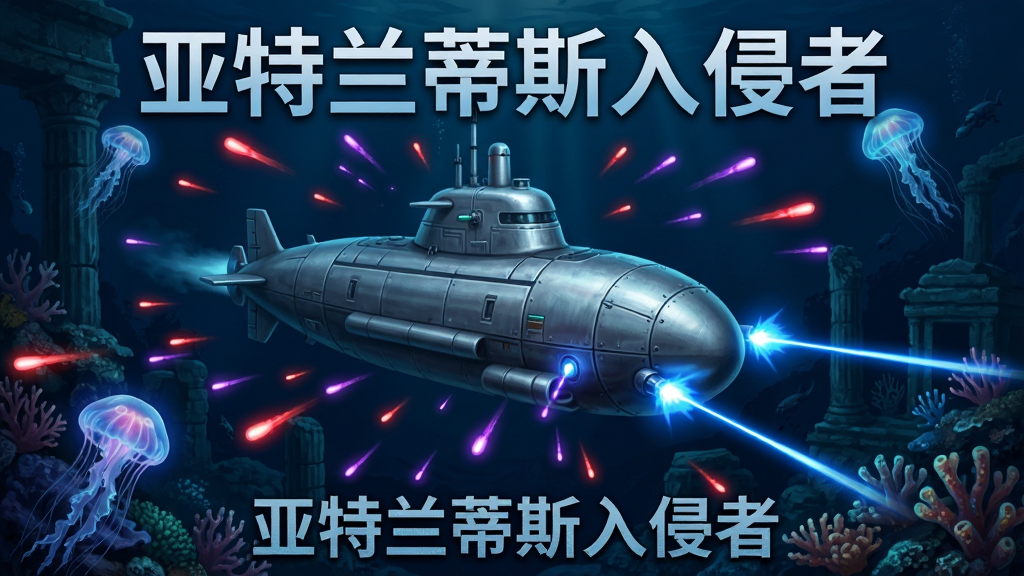 一艘银色潜艇在海底遗迹中穿行,四周布满红色和紫色的弹幕光点,潜艇正在发射蓝色激光反击,暗蓝色深海背景,发光水母和珊瑚点缀,主体居中,排版紧凑,科幻射击游戏风格,细节精致,画质清晰,干净无多余元素,画面中写有“亚特兰蒂斯入侵者”字样