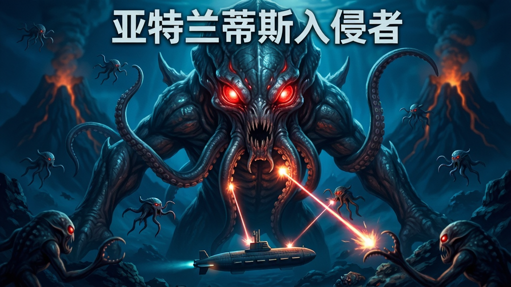 一只巨大的深海异形BOSS占据画面中央,拥有发光红色眼睛和触手,周围有小怪环绕,潜艇在下方发射激光攻击,暗蓝色海底火山背景,主体突出,排版居中,史诗战斗风格,细节丰富,画质清晰,干净无多余元素,画面中写有“亚特兰蒂斯入侵者”字样