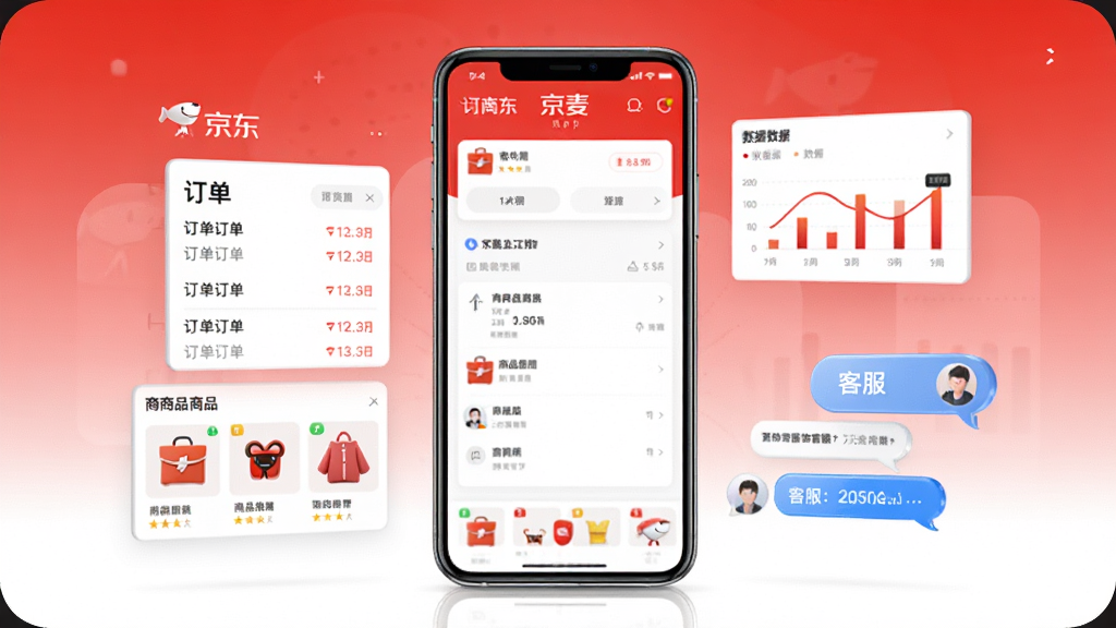 画面中央是一部智能手机,手机屏幕上显示京麦APP的商家工作台界面,左侧悬浮着订单列表和商品卡片,右侧漂浮着数据图表和客服对话气泡,背景是简洁的京东红色与白色渐变,整体布局采用左右对称的商务科技风格,细节上突出手机边框的光泽感和图标的立体感,画质高清,干净明亮,无多余元素。