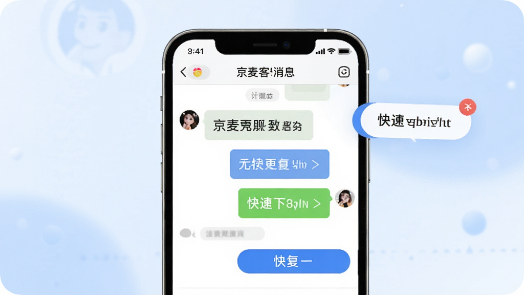 京麦客服消息界面,手机屏幕展示聊天对话框和快捷回复按钮,旁边有消息通知气泡,背景为柔和的蓝白色调,风格干净清新,突出沟通的便捷性。