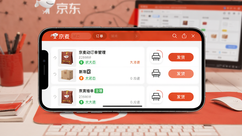 京麦移动订单管理界面展示,一部手机横屏显示订单列表,每笔订单带有商品缩略图和状态标签,旁边有快递面单打印图标和发货按钮,背景是京东红色调的工作台场景,风格简洁商务,画质清晰干净。