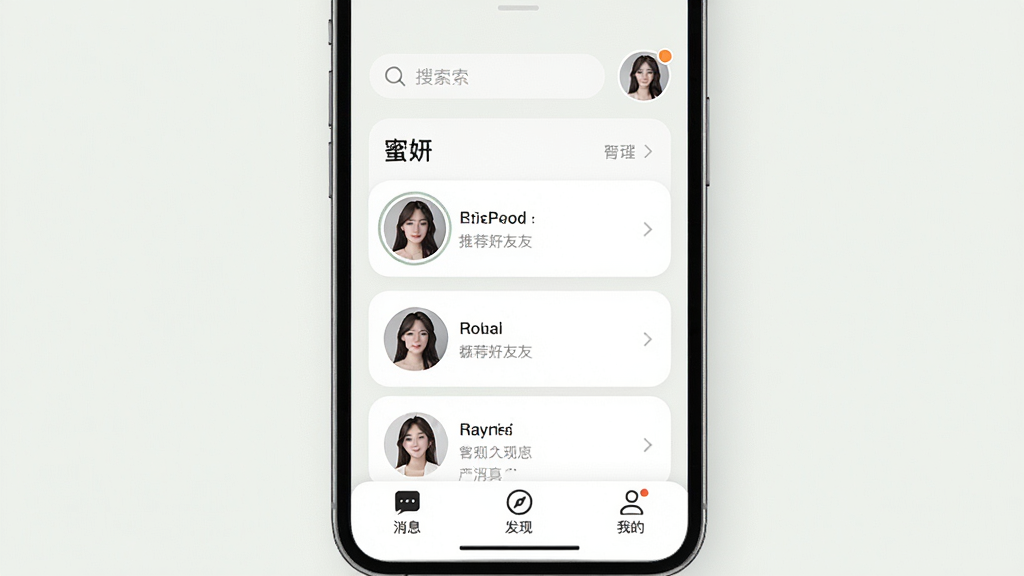 画面中央放置一部智能手机,屏幕显示“蜜妍”社交应用主界面,界面采用浅色背景与圆角卡片布局,顶部有搜索栏和用户头像,中部为推荐好友列表,底部为消息、发现、我的三个导航图标,整体风格清新简约,画质清晰干净,无多余元素