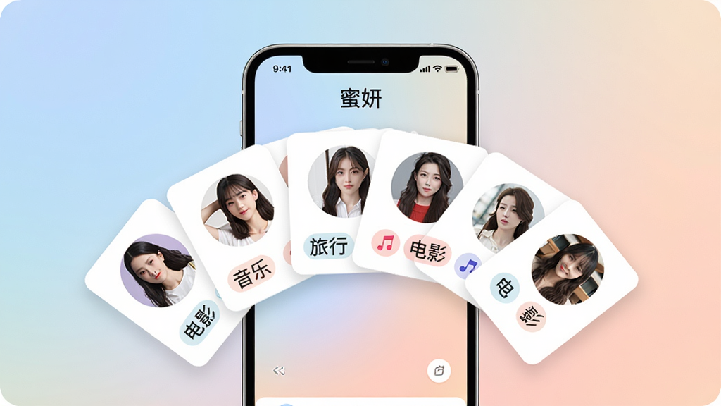 画面展示“蜜妍”应用内的智能匹配页面,手机屏幕中央显示多位用户头像卡片呈扇形展开,每张卡片下方带有兴趣标签如“音乐”“旅行”“电影”,背景为柔和渐变色,风格现代简洁,画质清晰干净,无多余元素