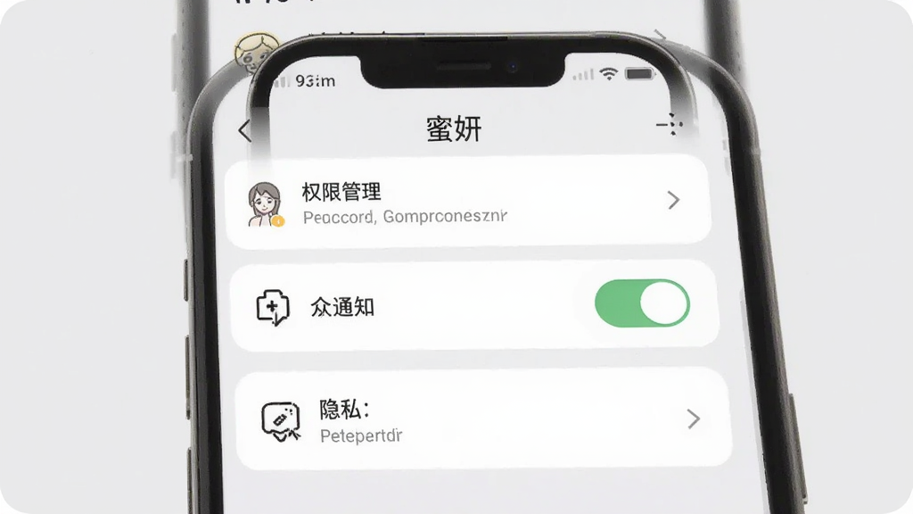 画面展示“蜜妍”应用在手机上的设置页面,屏幕中可见权限管理、通知开关、隐私选项等列表项,背景为浅灰色,图标为线性风格,整体排版整齐,画质清晰干净,无多余元素