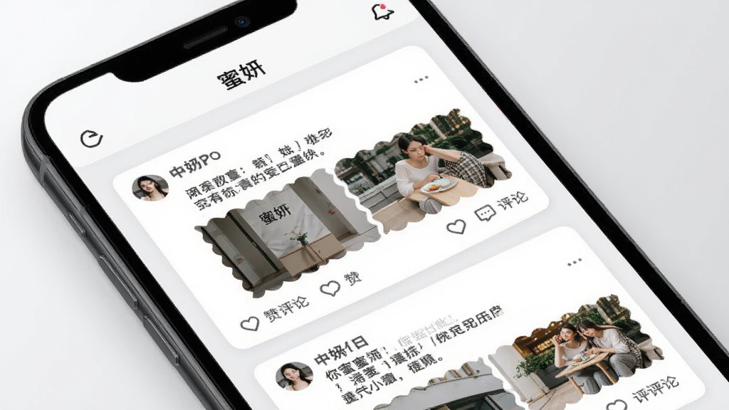 画面呈现“蜜妍”动态广场界面,手机屏幕中显示多条用户动态卡片,包含文字描述、配图缩略图以及点赞评论按钮,背景为白色与浅灰拼接,风格干净利落,画质清晰,无多余元素