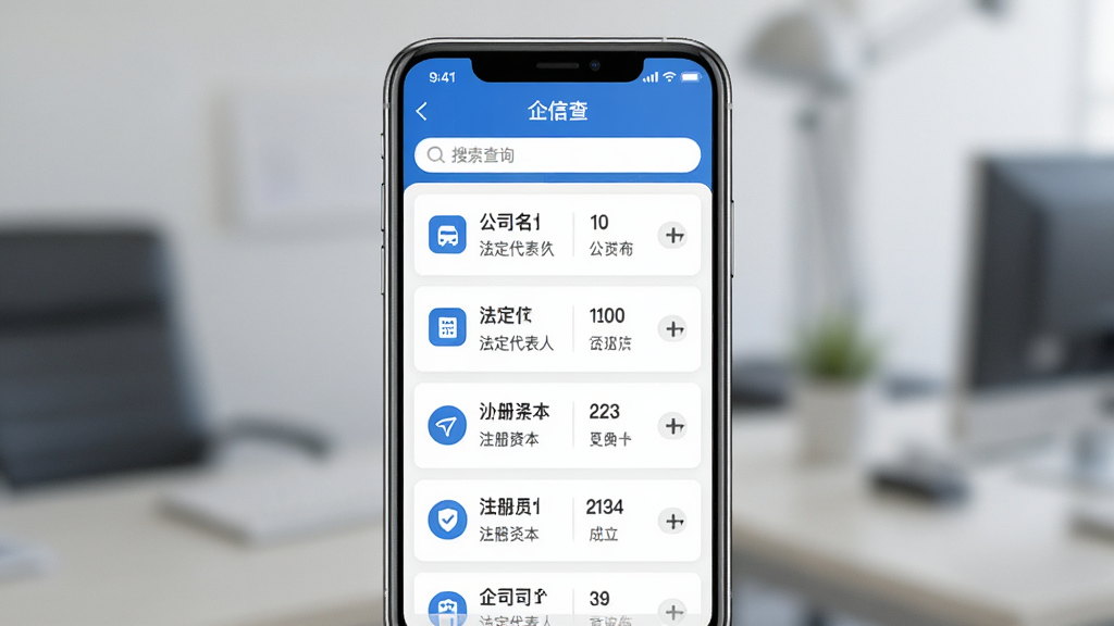 一款名为企信查的手机应用主界面展示,画面中央是手机屏幕,屏幕内显示企业信息查询结果列表,有公司名称、法定代表人、注册资本、成立日期等条目,布局清晰,上方有搜索框,整体采用蓝色与白色商务风格,细节包括图标、卡片式信息模块,画质清晰,干净,无多余元素