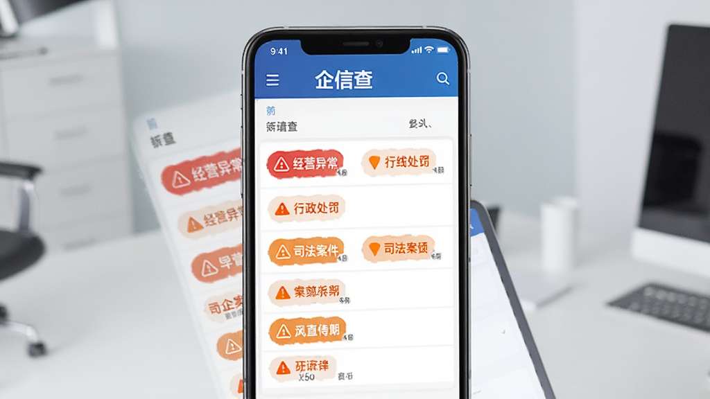 企信查应用内风险信息展示页面,手机屏幕中显示企业风险标签,包括经营异常、行政处罚、司法案件等模块,红色与橙色警示标识,布局规整,背景简洁,商务风格,画质清晰,无多余元素
