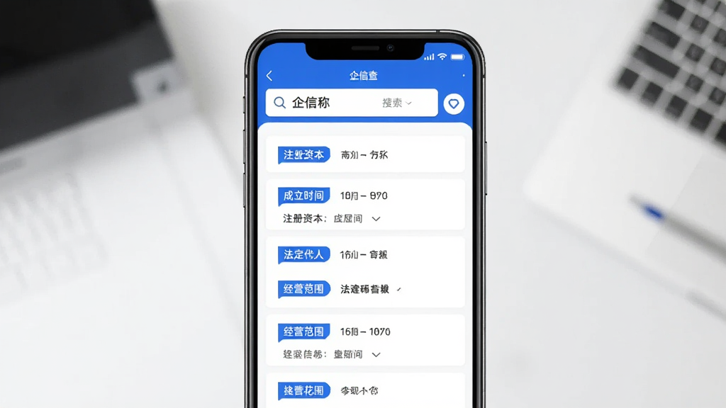企信查应用内企业工商信息检索界面,手机屏幕展示搜索结果页,顶部搜索框内有企业名称,下方卡片列出注册资本、成立时间、法定代表人、经营范围等信息,蓝色标签点缀,背景干净,商务风格,画质清晰,无多余元素