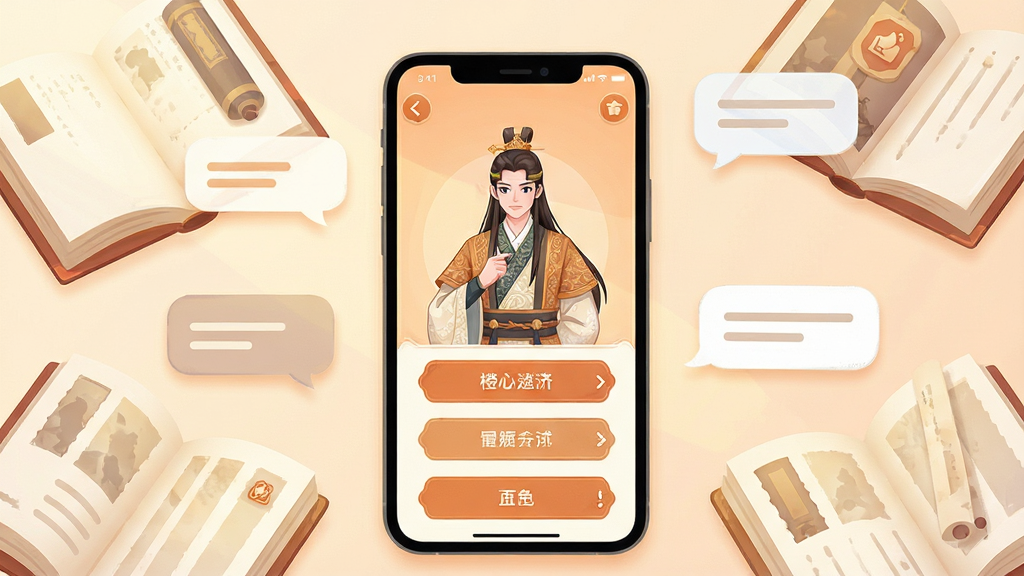 一张展示橙光互动应用主界面的插画,画面中央是手机屏幕,屏幕内显示古风人物立绘与对话选项按钮,手机周围环绕着多本展开的故事书与飘浮的对话气泡,布局采用居中构图,风格为清新扁平插画,细节包括柔和的暖色调光影、细腻的界面图标、人物服饰纹理清晰,画质高清,画面干净,无多余元素。