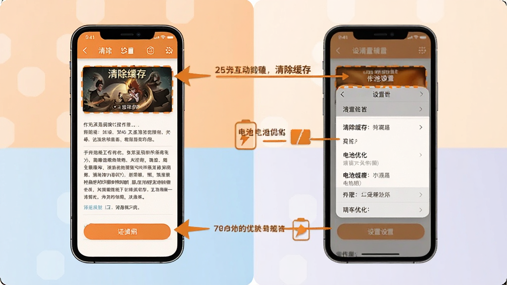 一张展示橙光互动移动端操作界面的示意图,画面主体是手机屏幕显示作品阅读界面与设置菜单,屏幕旁边有箭头指示清除缓存、电池优化等操作路径,布局为左右分栏,风格为简洁的教程插画,细节包括界面按钮的高亮标注、设置选项的文字线条、背景的柔和色块,画质高清,画面干净,无多余元素。