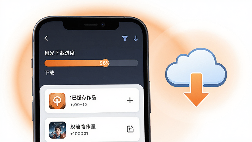 一张展示橙光互动离线阅读功能的示意图,画面主体是手机屏幕显示下载进度条与已缓存作品列表,屏幕旁边有云朵与向下箭头的图标,布局为左右分栏,风格为简洁的科技插画,细节包括进度条的渐变填充、列表项的图标与文字、背景的柔和光晕,画质高清,画面干净,无多余元素。