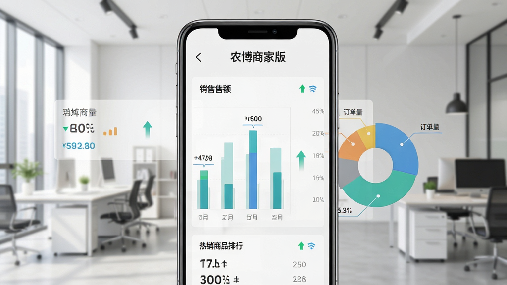 ũ���̼Ұ澭Ӫ����ͳ��ҳ�棬�ֻ���Ļ����ʾ��״ͼ���״ͼ���������۶��������������Ʒ���е�����ģ�飬����Ϊ�ִ���Լ�칫������������ݿ��ӻ���ϸ�������ֱ�ǩ�����Ƽ�ͷ���������֡�ũ���̼Ұ桱�����ʸ��壬�ɾ����޶���Ԫ��