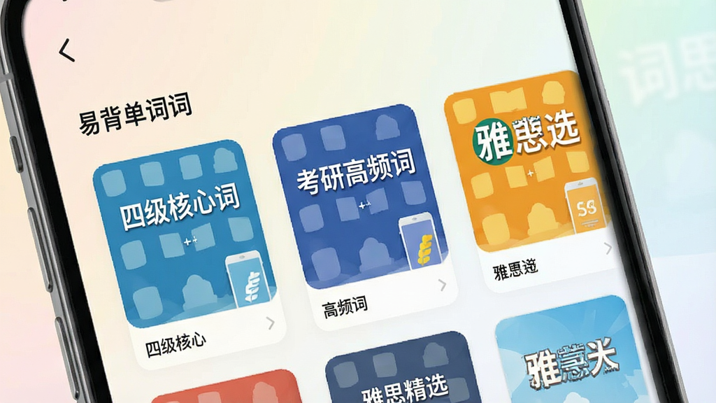 一张展示易背单词词库选择界面的图片,手机屏幕内排列着多个词库封面,如“四级核心词”“考研高频词”“雅思精选”等,界面分类清晰,背景是柔和的浅色渐变,风格简约现代,画质干净,无多余元素