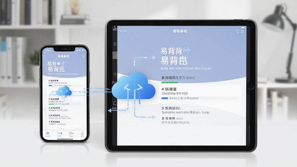 一张展示易背单词多端同步功能的图片,画面中一部手机和一台平板电脑并排摆放,两个屏幕都显示易背单词的学习进度界面,中间有云朵图标表示同步,背景是干净的书房,风格商务简洁,画质清晰,无多余元素