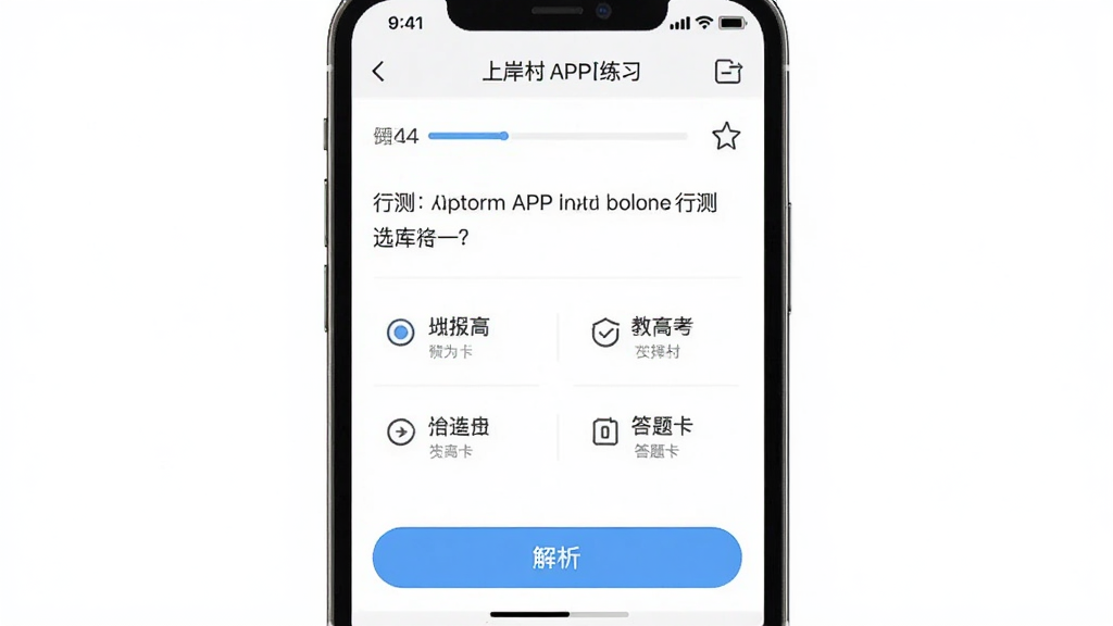 上岸村APP题库练习界面,主体为手机屏幕展示行测选择题,布局为题目在上、四个选项居中、解析按钮在下,排版整洁,风格为教育类应用界面,细节包含题号进度条、收藏图标、答题卡入口,画质清晰,干净,无多余元素