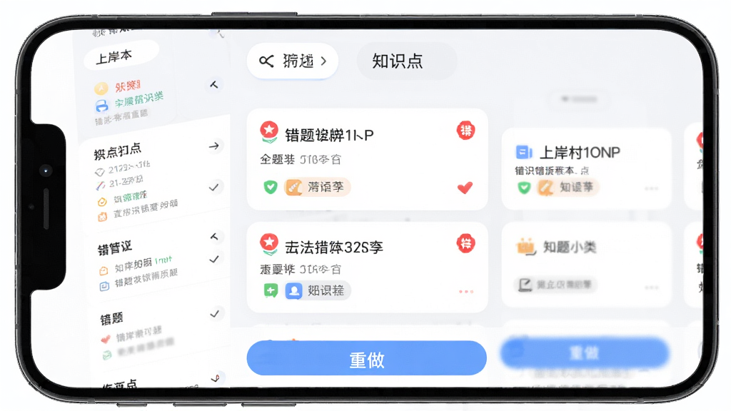 上岸村APP错题本界面,主体为手机屏幕展示错题列表与知识点标签,布局为顶部筛选栏、中部错题卡片、底部重做按钮,排版清晰,风格为学习管理类应用,细节包含红色错题标记、知识点分类图标,画质高清,干净,无多余元素
