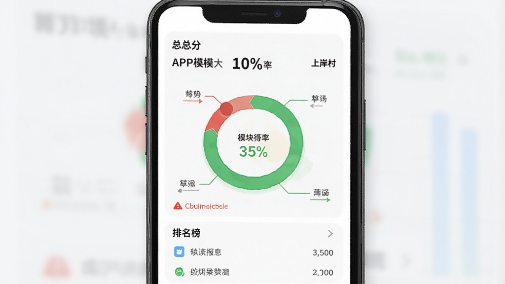 上岸村APP模考大赛成绩报告页面,主体为手机屏幕展示分数环形图与排名列表,布局为顶部总分、中部各模块得分率、底部排名榜,排版数据可视化,风格为教育数据分析界面,细节包含红色警示薄弱项、绿色优势项,画质清晰,干净,无多余元素