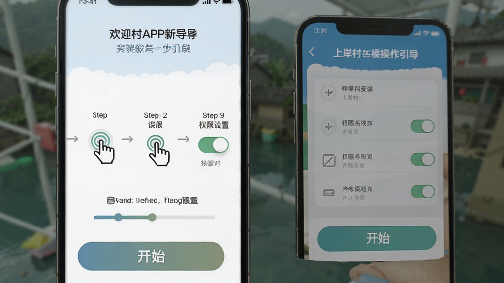 上岸村APP新手操作引导页面,主体为手机屏幕展示安装步骤与权限设置界面,布局为顶部欢迎语、中部步骤图示、底部开始按钮,排版引导式,风格为教育类应用新手教程,细节包含手指点击图标、权限开关、进度指示,画质清晰,干净,无多余元素