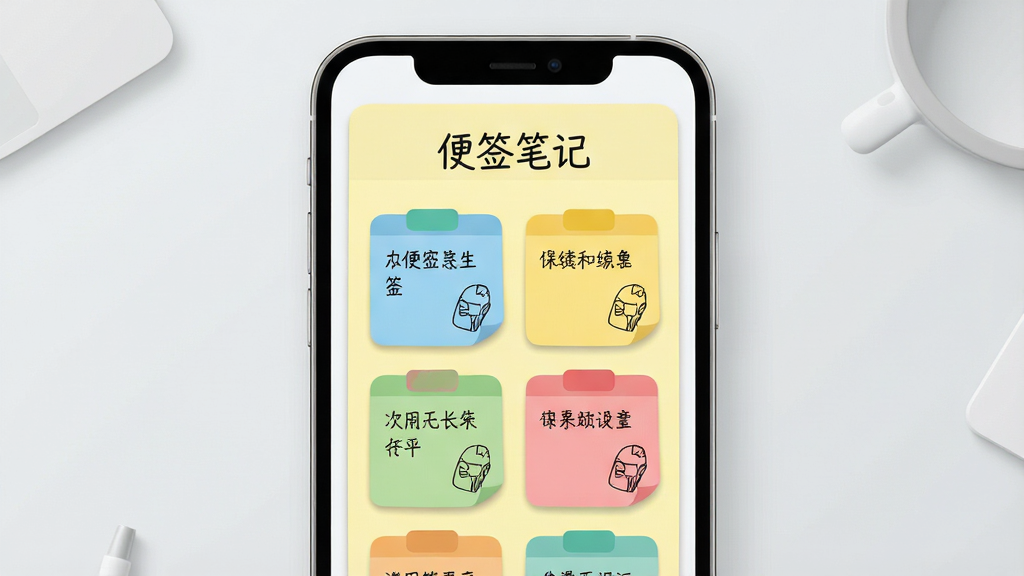 一张手机屏幕正面展示图,画面中央是浅黄色便签纸风格的记事界面,顶部有