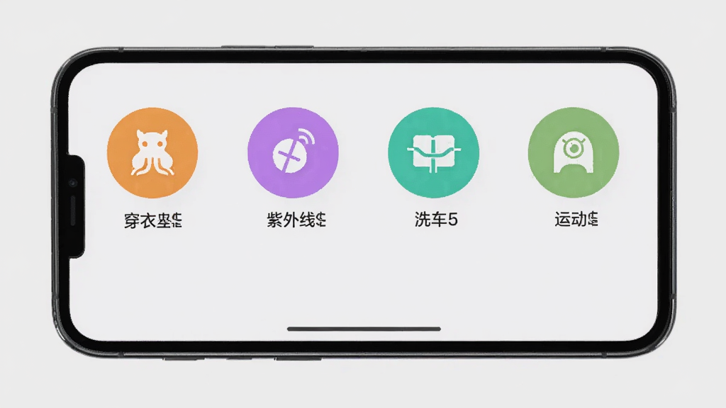 手机屏幕显示墨鱼天气助手的生活指数页面,页面上有多个彩色圆形图标,分别代表穿衣、紫外线、洗车、运动等指数,每个图标下方有简短文字说明,背景为浅灰色,排版整齐,画质清晰,干净无多余元素