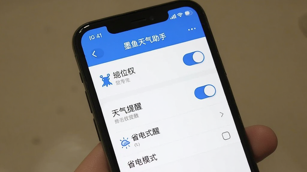 手机屏幕显示墨鱼天气助手的设置页面,页面上有定位权限开关、天气提醒开关、省电模式选项等,界面布局清晰,背景为白色,图标为蓝色,画质清晰,干净无多余元素