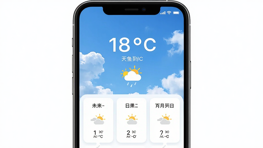 手机屏幕显示墨鱼天气助手主界面,界面上方是蓝天白云背景,中间有醒目的温度数字和天气图标,下方排列着未来几天的天气预报卡片,界面风格清新简洁,色彩明亮,画质清晰,干净无多余元素