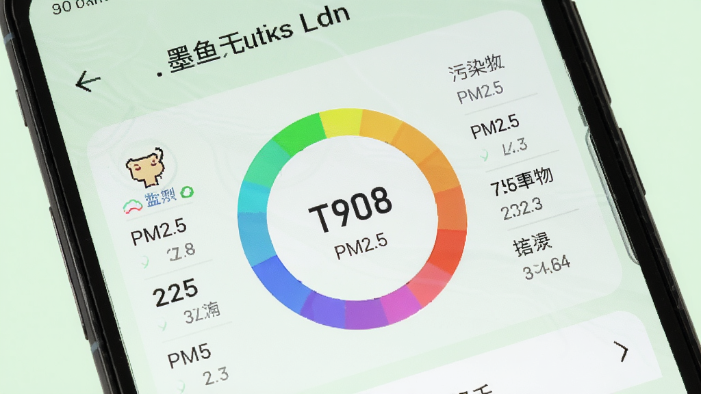 手机屏幕显示墨鱼天气助手的空气质量监测页面,页面中央是一个彩色空气质量指数圆环,周围有PM2.5等污染物数值列表,背景为淡绿色,设计简洁,画质清晰,干净无多余元素