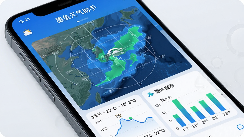 手机屏幕显示墨鱼天气助手的实时天气页面,画面中央是一个动态的雷达云图,下方有逐小时温度曲线和降水概率柱状图,界面配色以蓝色和白色为主,科技感强,画质高清,干净无多余元素